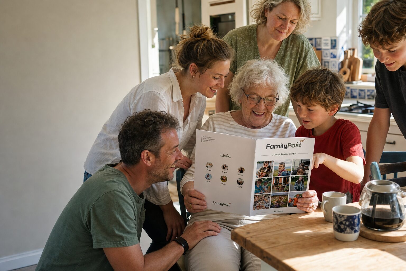 Grandma at the kitchen table, her family gathered around her, laughing at the printed FamilyPost newspaper she's holding
