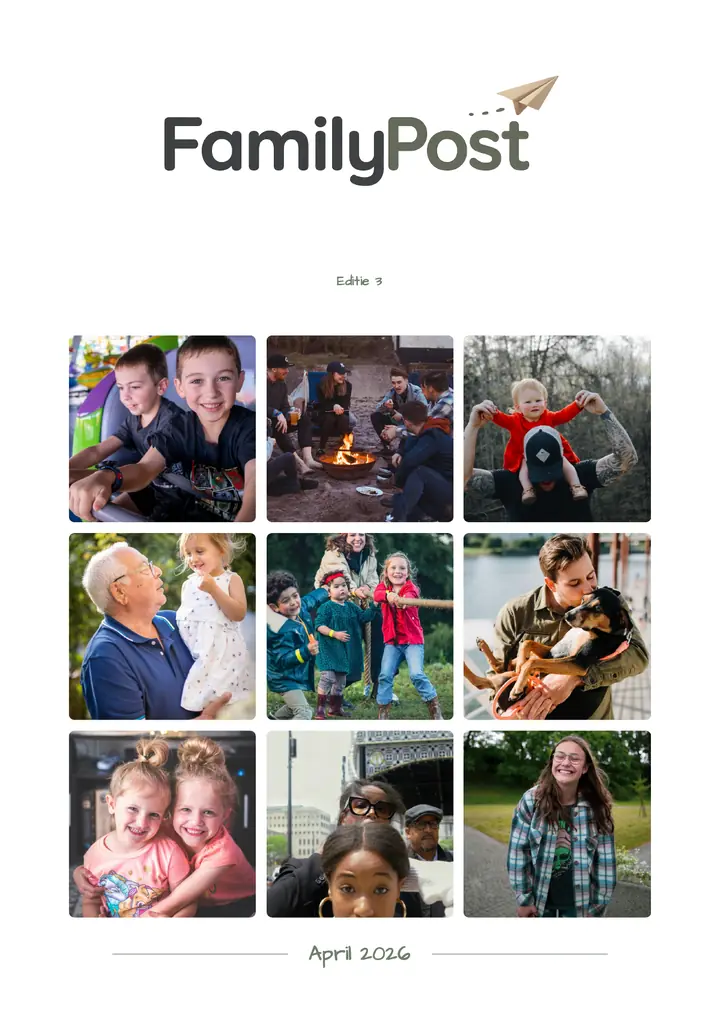 The front cover of a FamilyPost journal: the family's own title, a grid of this month's photos and the month