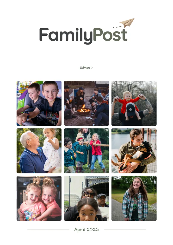 The front cover of a FamilyPost journal: the family's own title, a grid of this month's photos and the month