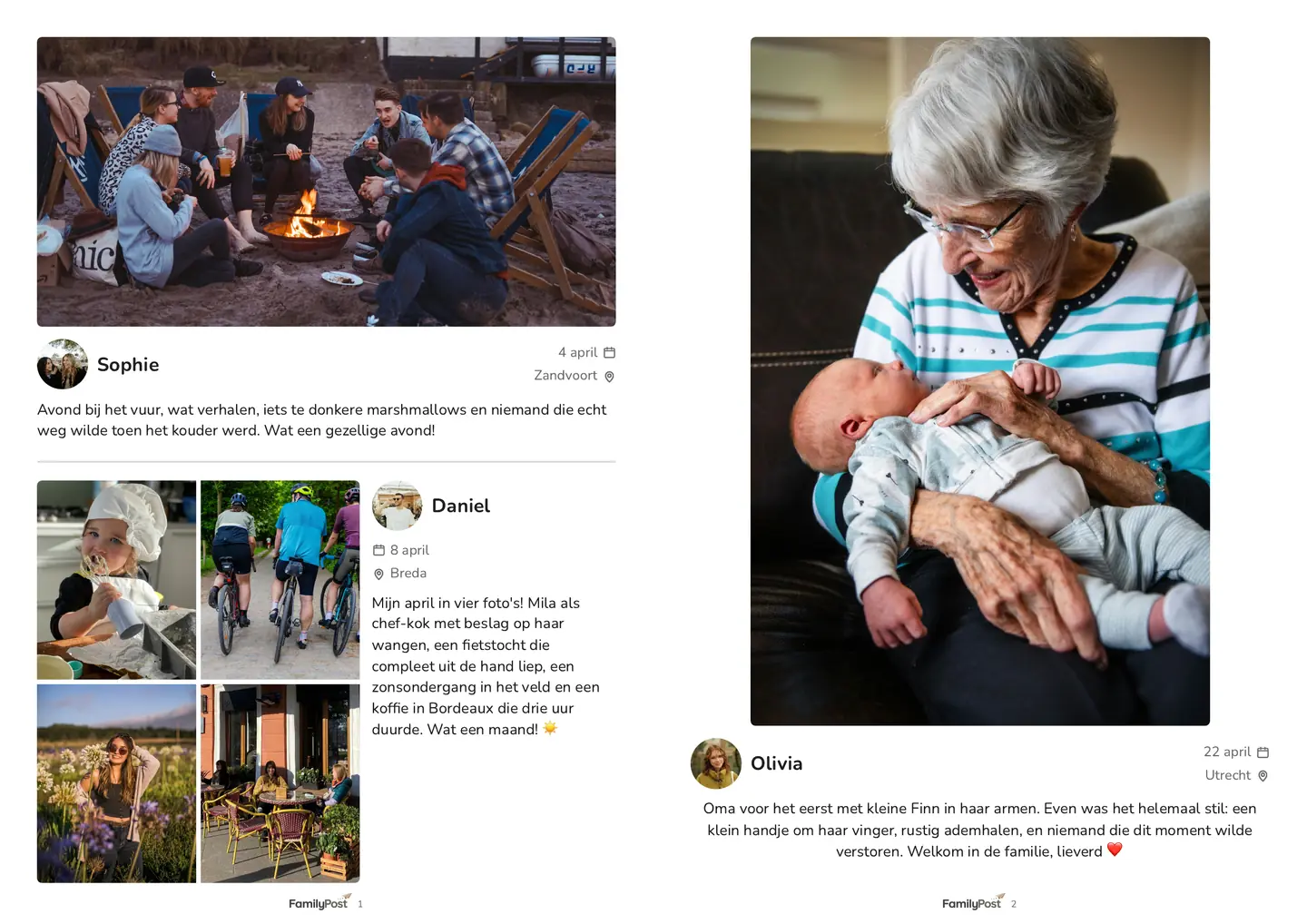 An open journal: a normal post and a four-photo collage on the left page, a full-page photo on the right