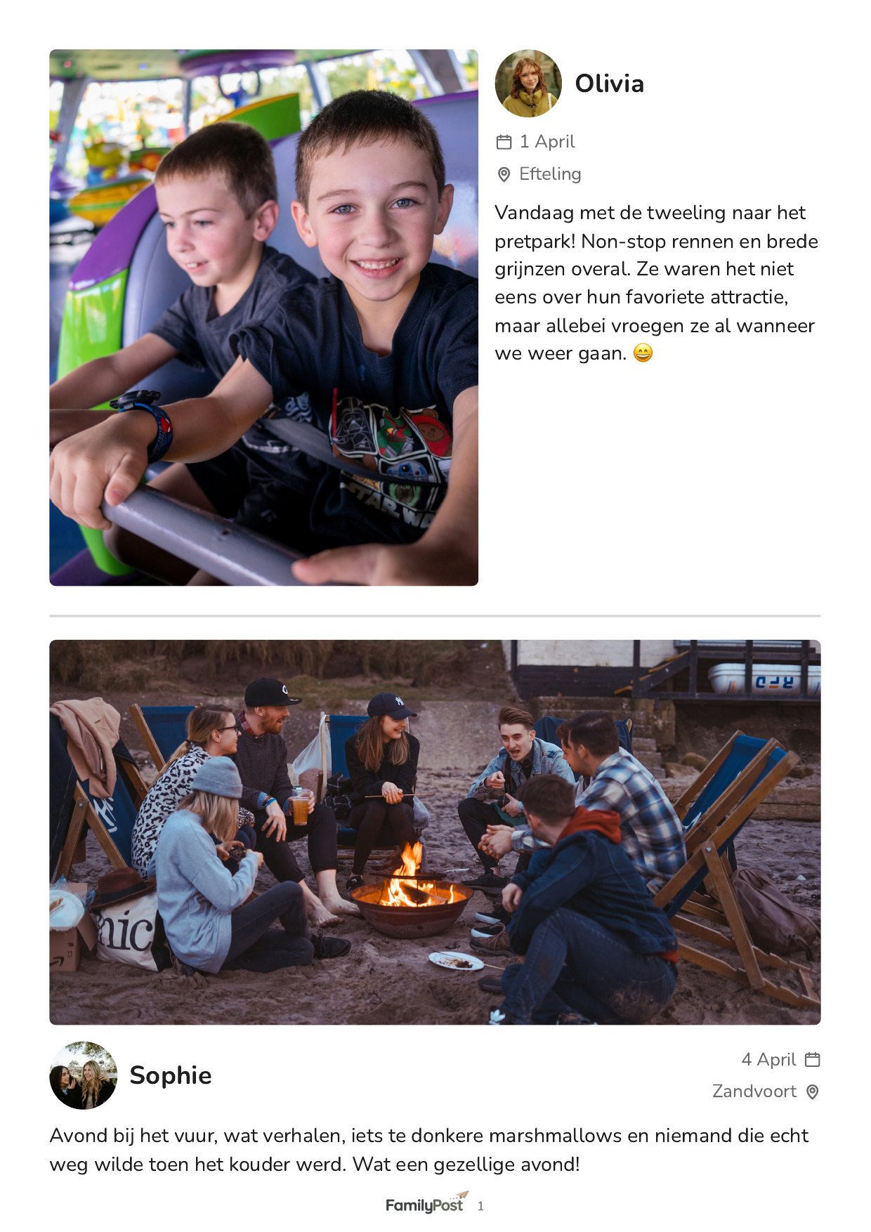 Een opengeslagen FamilyPost familiekrantje met foto's en berichtjes van de familie